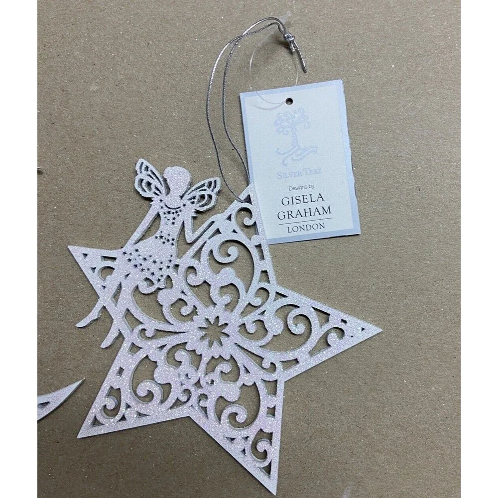 Gisela Graham London Christmas Ornaments Wooden Star and Moon Fairy Cutout Set